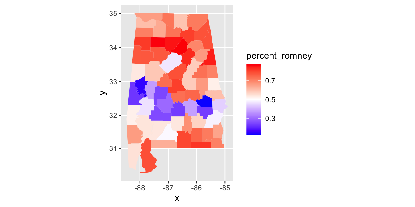 Choropleth map for the 2012 presidential election in Alabama.