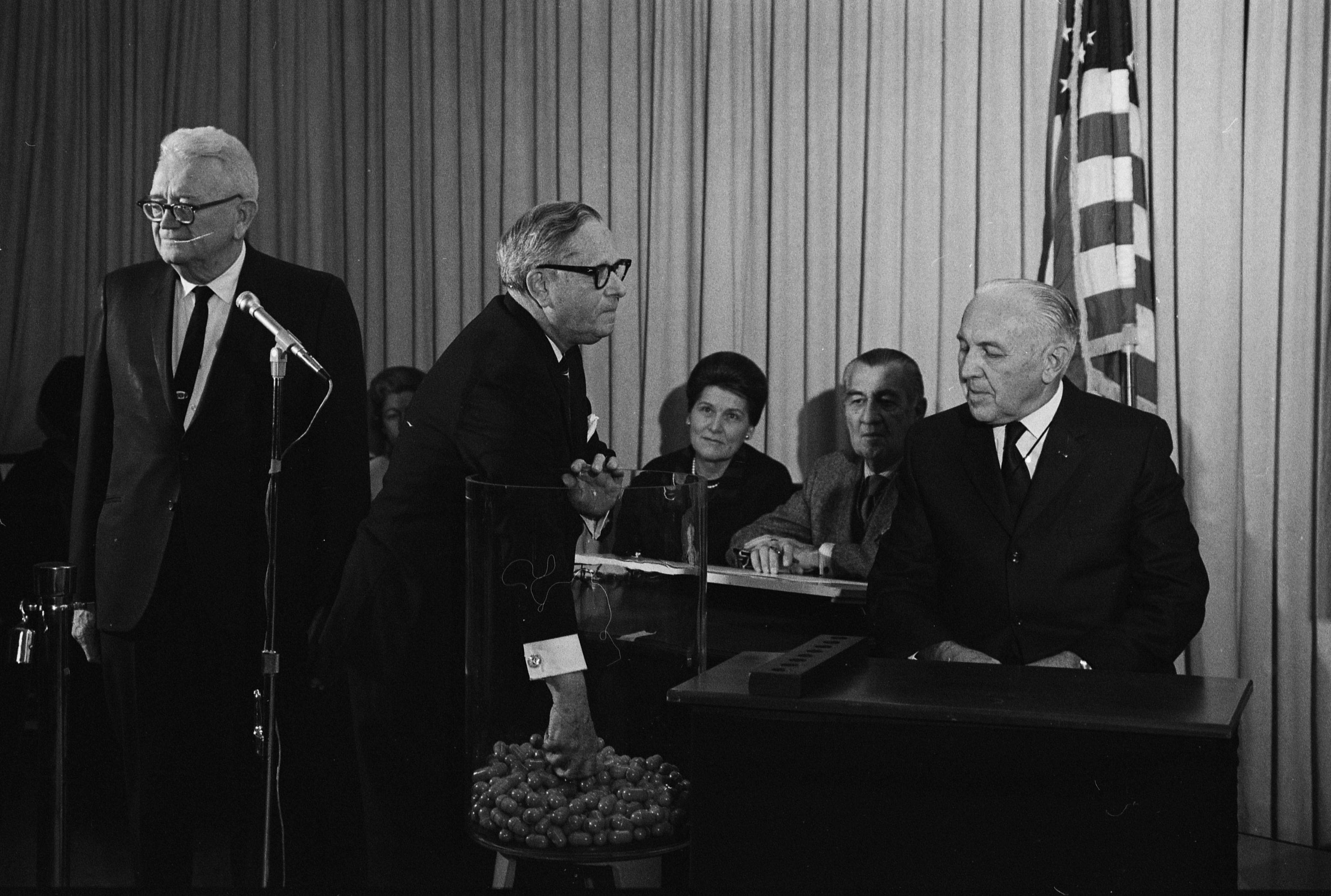 Representative Alexander Pirnie (R-NY) drawing the first number in the Vietnam draft for 1970. (Source: Library of Congress)